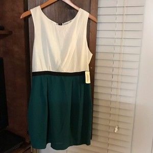 Green & White Color Block Dress with Black Zipper Design